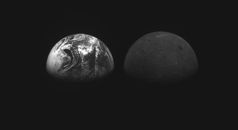 Pengorbit bulan pertama Korsel, Danuri, memasuki orbit bulan pada tanggal 17 Desember. Foto di atas menunjukkan bumi (kiri) dan bulan (kanan) yang dipotret oleh Danuri. (Korea Aerospace Research Institute) 