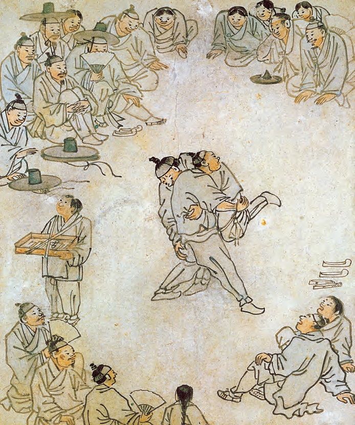 Adegan pertandingan Ssireum, olahraga tradisional Korea, yang menampilkan adegan Ssireum yang sebenarnya, digambar dari sudut pandang penonton yang duduk. Pada lukisan ini, tidak hanya kejadian di pertandingan, tetapi vitalitas dari berbagai ekspresi dan penampilan karakter pada lukisan dapat juga dirasakan. 
