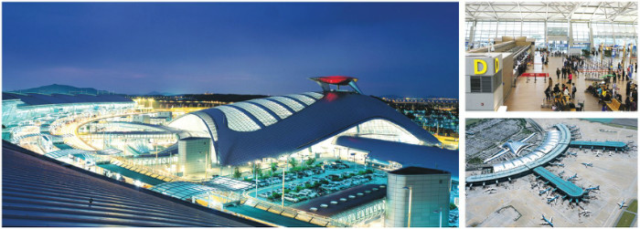 Bandara Internasional Incheon adalah bandara hubungan regional tempat pesawat dari seluruh dunia berkumpul. Bandara Internasional Incheon, yang dibuka pada tahun 2001, terkenal sebagai bandara hubungan di Asia Timur Laut, bersama dengan Bandara Kansai Osaka, Bandara Chek Lap Kok Hong Kong, Bandara Pudong Shanghai. Foto tersebut menunjukkan interior dan eksterior Bandara Internasional Incheon