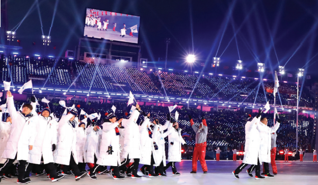 Atlet Korea Selatan dan Korea Utara memasuki upacara pembukaan Olimpiade Musim Dingin Pyeongchang tahun 2018