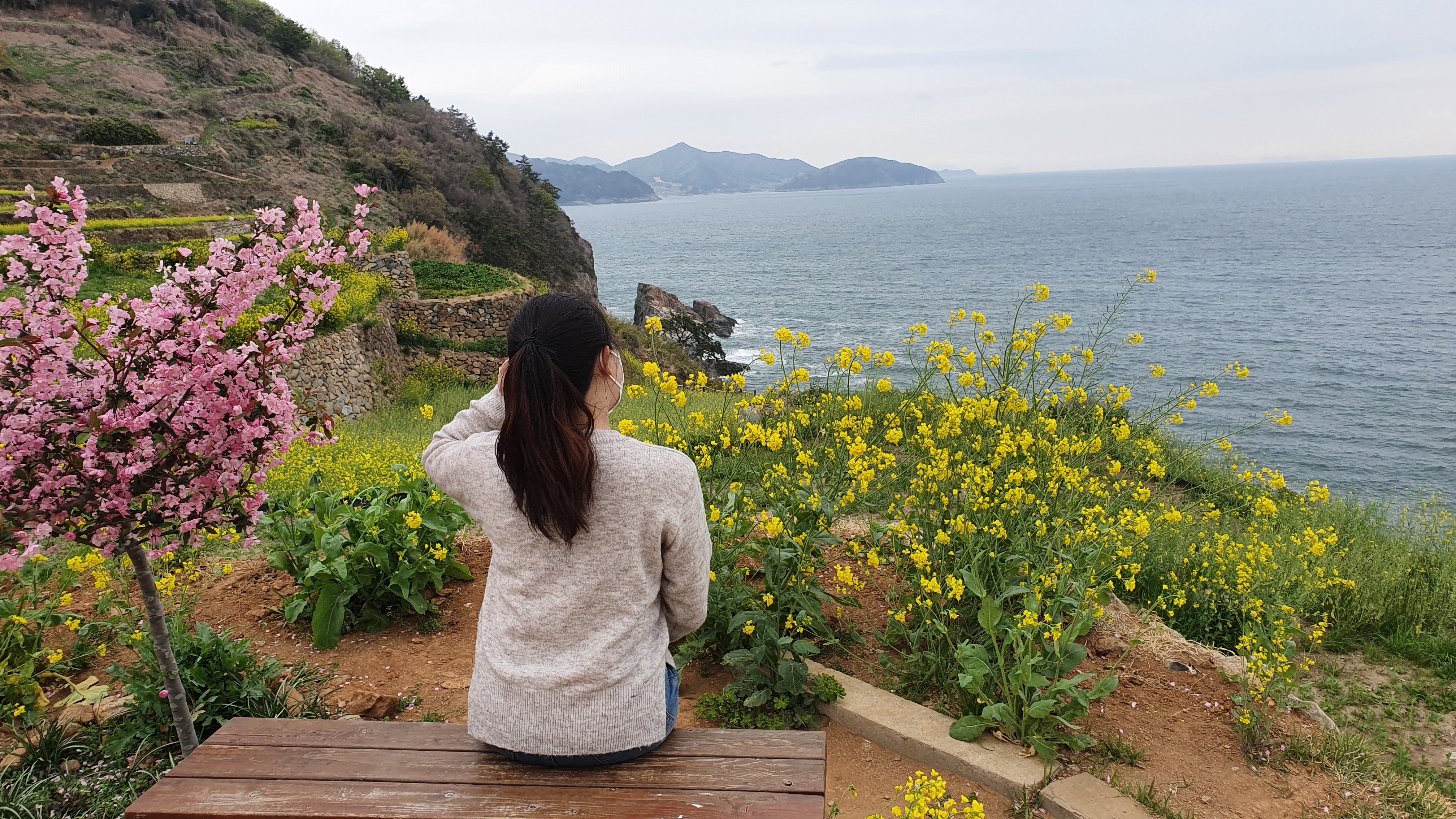 Walaupun ada banyak ladang dan persawahan di Desa Daraengi, belakangan ini berbagai kafe dan rumah makan juga mulai didirikan. Rasanya nyaman sekali bisa duduk di tepi laut dan melihat pemandangan sekitar. (Kim Hyelin) 