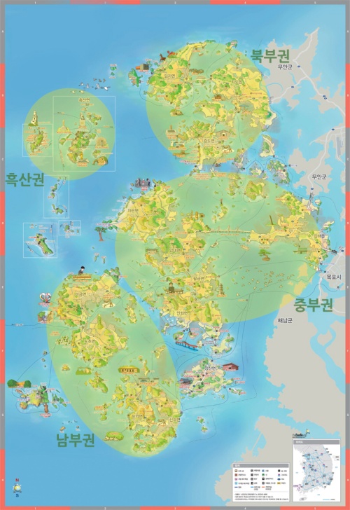 Kepulauan Sinan-gun terbagi menjadi empat wilayah utama, yaitu Heuksan (yang berpusat pada Pulau Hongdo dan Heuksando), Utara (Imjado, Jido, Jeungdo), Tengah (Jaeundo, Anjwado), dan Selatan (Bigeumdo, Dochodo). Berpindah dari satu pulau ke pulau lain memerlukan waktu yang tidak sedikit, sehingga pengunjung direkomendasikan untuk mengunjungi pulau-pulau yang terletak di dalam satu kawasan. (Pemerintah Sinan-gun)