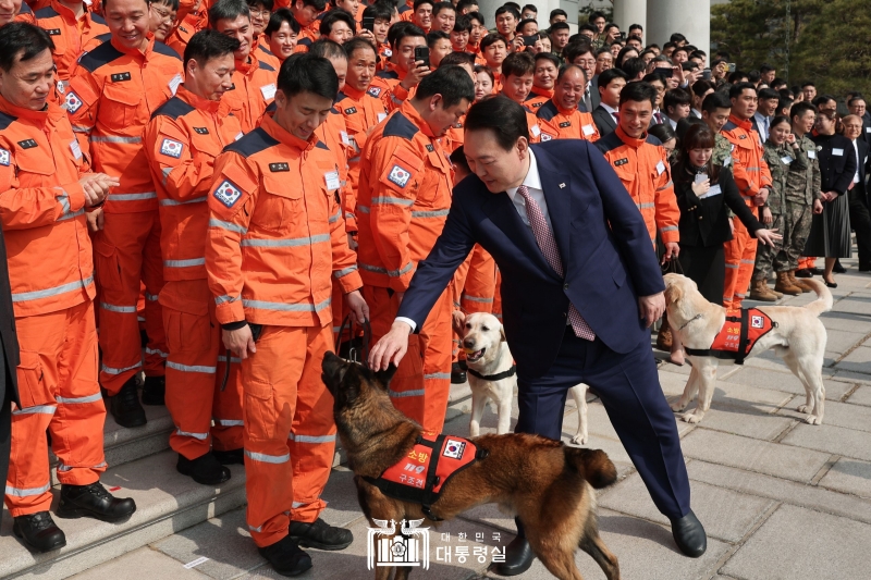 Presiden Yoon Suk Yeol mengelus anjing yang menjadi bagian dari Regu Pemulihan Bencana Republik Korea (KDRT). Pada tanggal 7 Maret 2023, Presiden Yoon mengundang anggota KDRT yang dikirim ke Turkiye untuk menghadiri jamuan makan siang di Yeongbingwan, Cheong Wa Dae. Pemerintah Korea mengirimkan 118 orang anggota KDRT untuk membantu korban gempa di Turkiye pada bulan Februari lalu. Pemerintah Korea juga mengirimkan dana bantuan sebesar lima juta dolar untuk membantu pemulihan korban gempa di Turkiye. (Kantor Kepresidenan Republik Korea) 