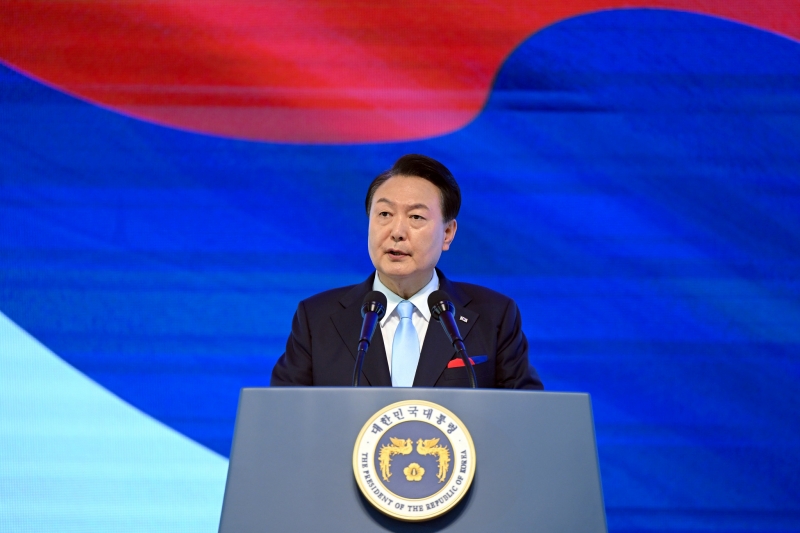 Presiden Yoon Suk Yeol memberikan pidato pada upacara peringatan Hari Kemerdekaan Korea yang ke-78. Upacara tersebut digelar pada tanggal 15 Agustus di auditorium Universitas Wanita Ewha, Seodaemun-gu, Seoul. (Kantor Kepresidenan Republik Korea) 