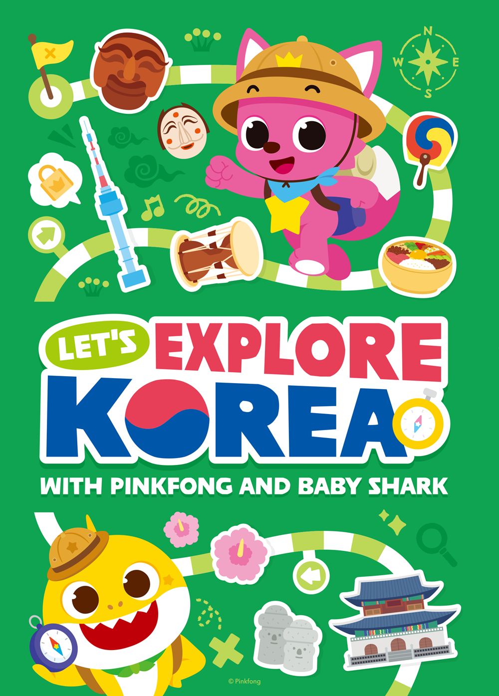 Sampul buku berbahasa Inggris berjudul LET'S EXPLORE KOREA with Pinkfong and Baby Shark yang diterbitkan oleh Dinas Kebudayaan dan Informasi Korea (KOCIS) yang berada di bawah Kementerian Kebudayaan, Olahraga, dan Pariwisata. (KOCIS) 