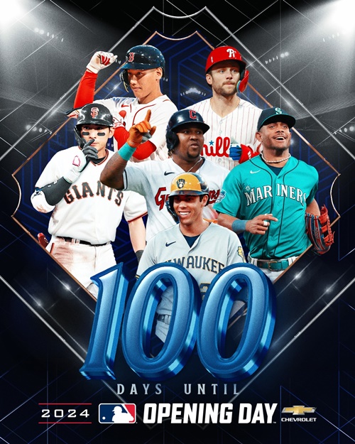 MLB (Major League Baseball) merilis poster D-100 jelang pertandingan perdana musim 2024 pada tanggal 20 Desember (waktu setempat). Enam orang atlet kenamaan MLB masuk ke dalam poster tersebut. (Facebook resmi MLB) 