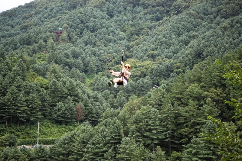 Jumlah wilayah yang tercakup dalam Kartu Identitas Wisatawan Digital (terjemahan tidak resmi) akan bertambah dua kali lipat mulai tanggal 1 Juni 2024. Foto di atas menunjukkan aktivitas wisata bernama Bridge Zipline di Gapyeong-gun, salah satu tempat wisata yang menawarkan diskon melalui penggunaan kartu tersebut. (Bridge Zipline)