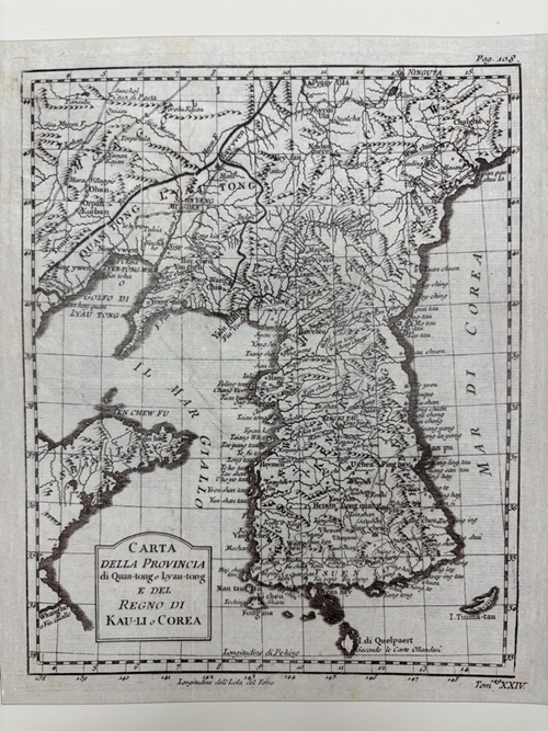 Peta di atas adalah Carte de la Province de Quan-tong ou Lyau-tong et du Royaume de Kau-Li ou Coree Copiee sur la Carte Angloise yang dibuat pada tahun 1750 oleh Jacques Nicolas Bellin dalam versi bahasa Italia. (Yayasan Sejarah Asia Timur Laut)