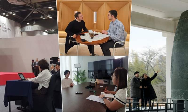 Dari kiri searah jarum jam: Xu Aiying yang sedang meliput KTT Korea-Afrika tahun 2024 pada tanggal 4 Juni 2024 di Kota Goyang, Charles Audouin yang sedang mewawancarai Kurator Museum Guimet Arnaud Bertrand pada tanggal 2 Oktober 2024 di Kota Seoul, Lee Kyoung Mi yang sedang mendengarkan penjelasan mengenai Genta Suci Raja Seongdeok di Museum Nasional Gyeongju pada tanggal 1 Februari 2024, dan Margareth Theresia yang sedang mewawancarai idola K-pop pertama yang merupakan penyandang disabilitas pada tanggal 16 April 2024 di Kota Seoul. (Foto diberikan oleh setiap wartawan terkait) 