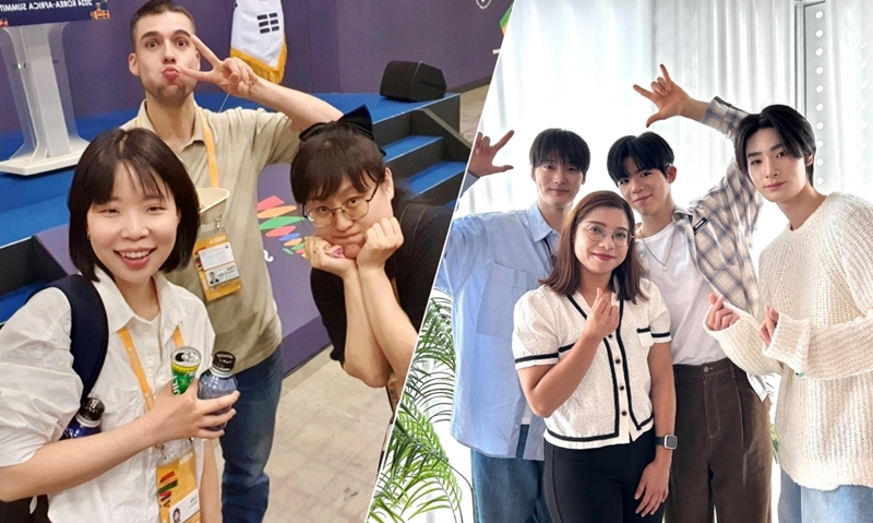 Foto di kiri menunjukkan Xu Aiying (kiri), Charles Audouin (tengah), dan Lee Kyoung Mi yang berfoto bersama setelah menyelesaikan liputan KTT Korea-Afrika tahun 2024 pada tanggal 4-5 Juni 2024 di Kota Goyang, Provinsi Gyeonggi. Foto di kanan memperlihatkan Margareth Theresia yang berfoto bersama Big Ocean setelah menyelesaikan wawancara pada tanggal 16 April 2024 di Parastar Entertainment, Gangnam-gu, Seoul. (Lee Kyoung Mi dan Margareth Theresia) 