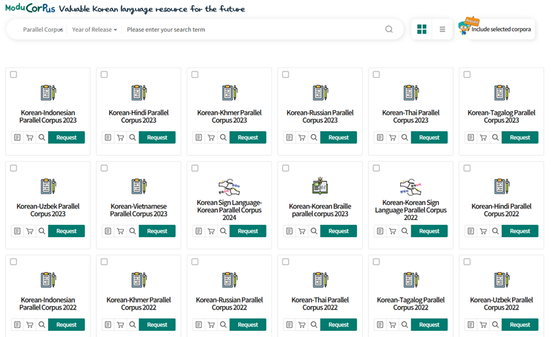 Korpus Paralel Bahasa Korea-Bahasa Asing yang disusun sejak tahun 2021 dipublikasikan di laman Modu Corpus. (tangkapan layar laman Modu Corpus)  