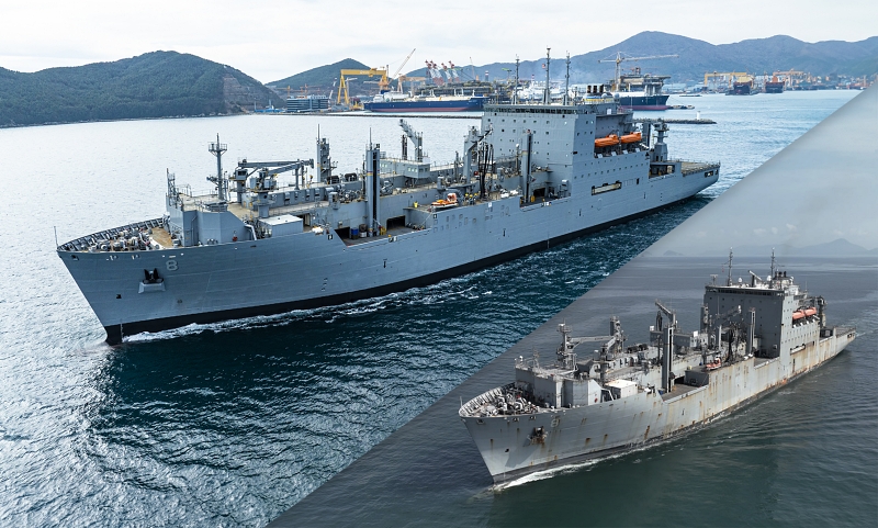 Foto di atas menunjukkan kapal USNS Wallyu Schirra sebelum (bawah) dan sesudah (atas) perawatan.   