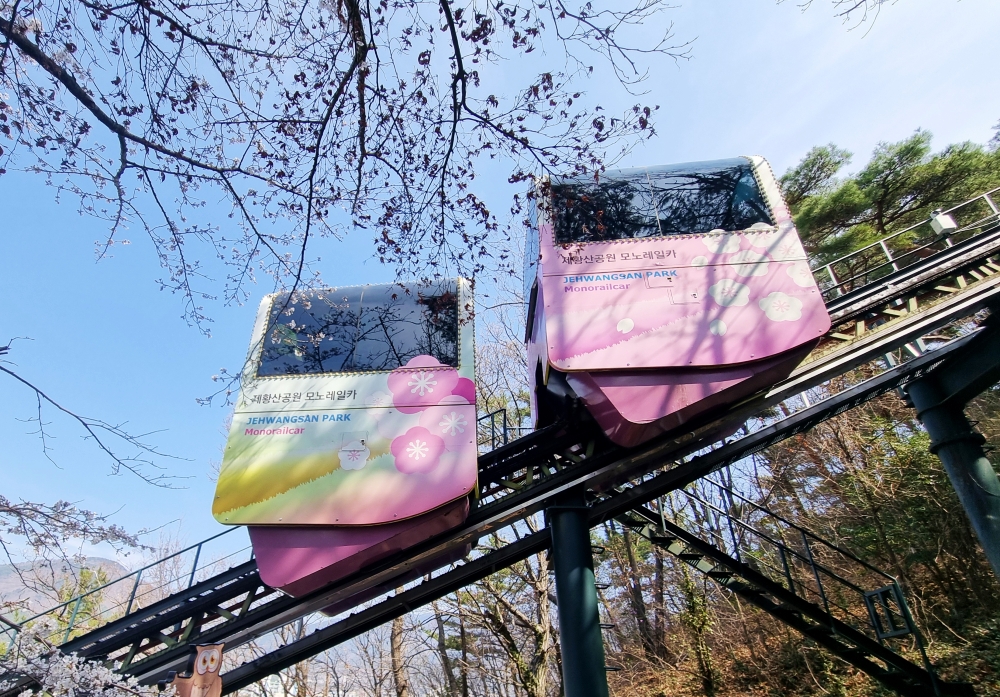 Foto di atas menunjukkan monorel yang berada di Taman Jehwangsan, Jinhae-gu, Kota Changwon, Provinsi Gyeongsangnam. 