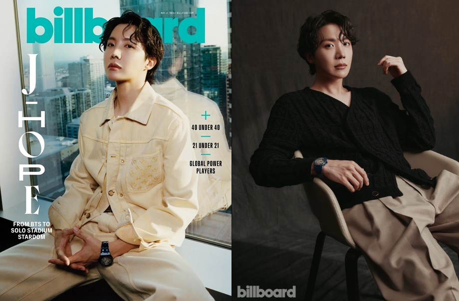 J-Hope BTS tampil di sampul (kiri) dan wawancara (kanan) dalam edisi Mei majalah Billboard yang dirilis pada tanggal 20 Mei 2025. (Billboard)