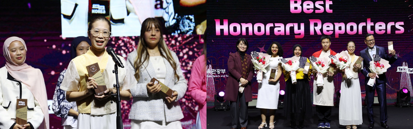 Foto di sebelah kiri menunjukkan Myrtle Iris Villaraza asal Filipina yang sedang memberikan pidato penghargaan. Foto sebelah kanan menunjukkan lima orang Wartawan Kehormatan Korea.net terbaik tahun 2025. Dari kiri ke kanan: Direktur Jenderal Biro Hubungan Masyarakat Global, Chae Su-hee; Eman Ahmed Mohamed (Mesir); Hanum Nur Aprilia (Indonesia);  Hoang Xuan Tung (Vietnam); Myrtle (Filipina); dan Jose Alirio Pena Zerpa (Venezuela).