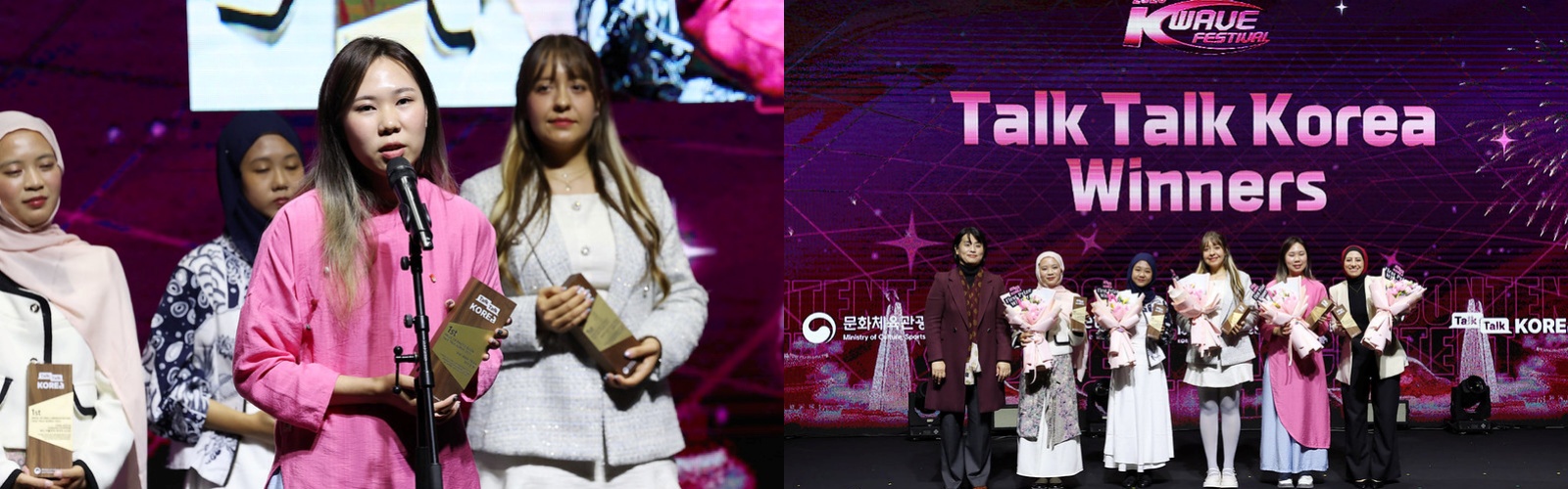 Foto di sebelah kiri menunjukkan Hai Anh Tran asal Vietnam yang sedang memberikan pidato penghargaan. Foto sebelah kanan menunjukkan lima orang pemenang Talk Talk Korea tahun 2025. Dari kiri ke kanan: Direktur Jenderal Biro Hubungan Masyarakat Global, Chae Su-hee;  Vina Aulia Zakiah Sodikin (Indonesia); Citra Auly Maulida Rizka (Indonesia); Marylee Loya (Meksiko); Hai (Vietnam); Sara Mohamed (Mesir).