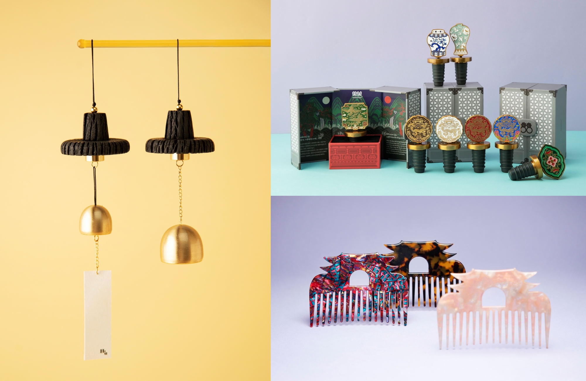 Karya pemenang Kompetisi Pariwisata Korea 2025. Dari kiri searah jarum jam: lonceng angin berbentuk topi tradisional pria gat yang meraih Penghargaan Menteri Kebudayaan, Olahraga, dan Pariwisata; Penyumbat Anggur Kerajaan Joseon yang memperoleh Penghargaan Presiden; serta Sisir Istana yang meraih Penghargaan Presiden Hyundai Department Store. (Organisasi Pariwisata Korea)