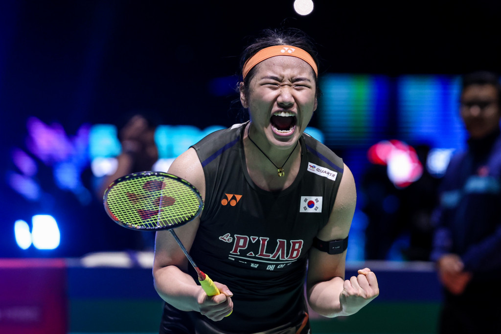 An Se Young bersorak setelah memastikan gelar juara dengan mengalahkan Wang Zhiyi asal Tiongkok pada final tunggal putri Malaysia Open yang digelar pada tanggal 11 Januari 2026 (waktu Korea). (BWF)