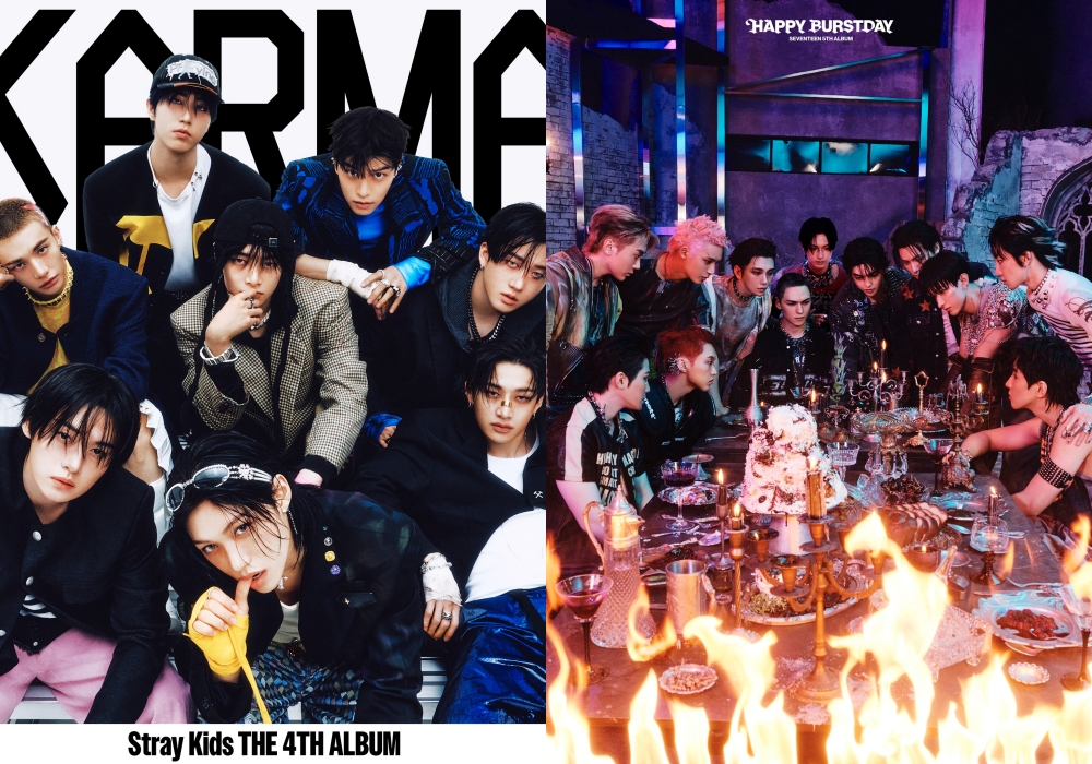 IFPI mengumumkan Daftar 20 Besar Penjualan Album Global IFPI 2025 pada tanggal 20 Februari 2026. Foto di atas menunjukkan poster album Stray Kids yang berjudul KARMA berada di peringkat kedua (kiri) dan SEVENTEEN dengan HAPPY BURSTDAY di peringkat ketiga. (Facebook resmi Stray Kids dan SEVENTEEN)