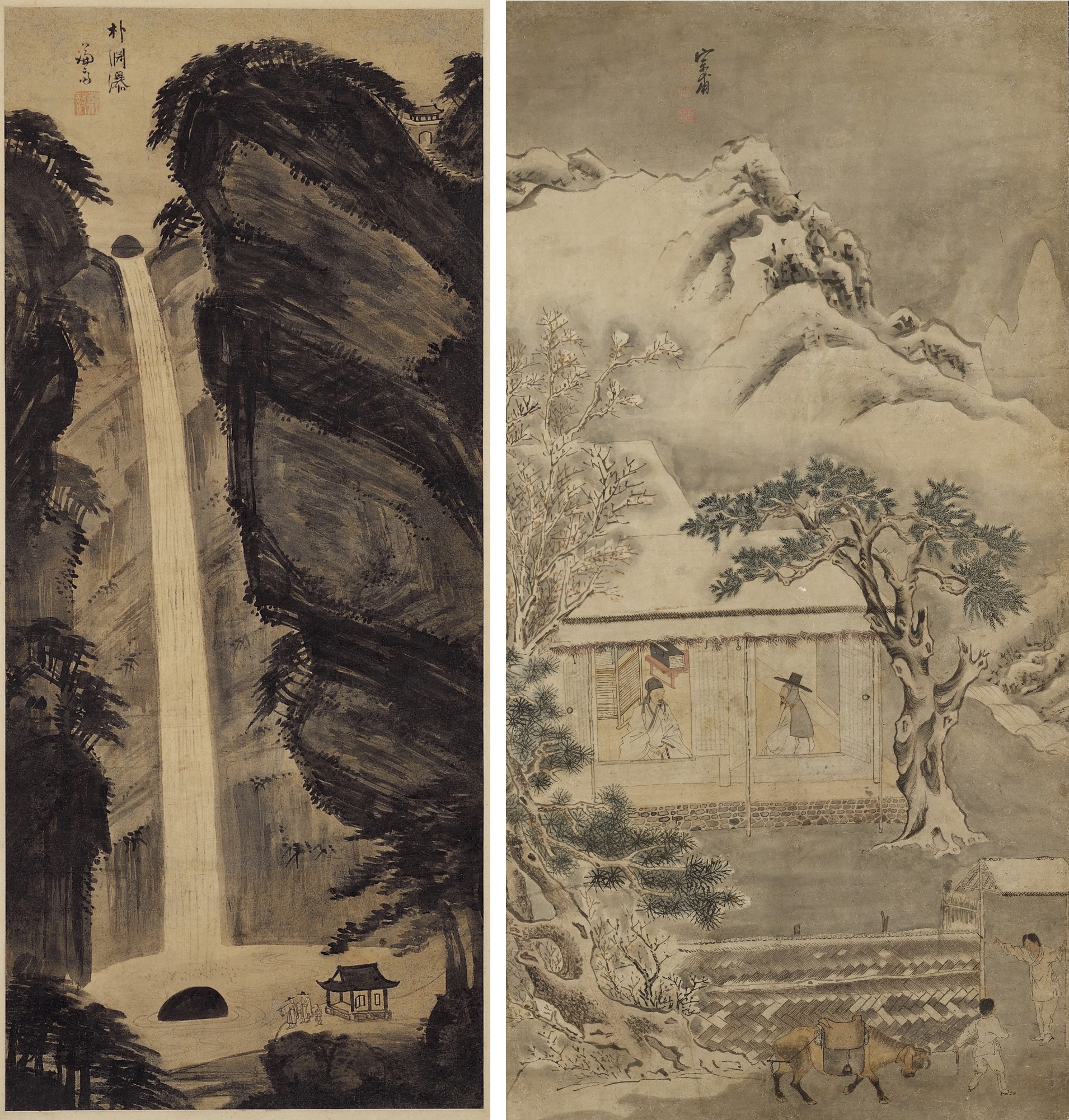 Lukisan di atas adalah Bakyeon Falls (kiri) karya Jeong Seon dan Visiting a Friend in the Snow karya Jo Yeong-seok. (Museum Nasional Korea) 