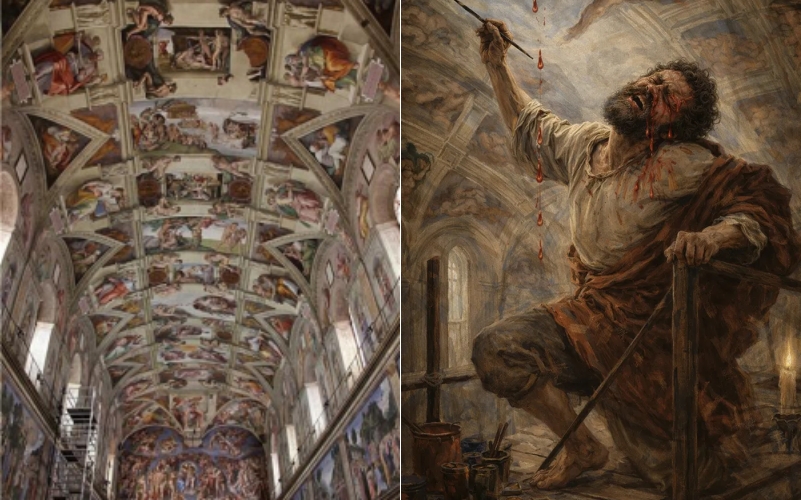 Lukisan langit-langit Penciptaan Adam di Kapel Sistina, Vatikan, Italia (kiri) dan adegan ilustratif yang menggambarkan Michelangelo saat melukis karya tersebut (kanan). (KAIST)