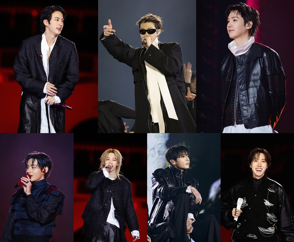 Potret para anggota BTS dalam pertunjukan BTS THE COMEBACK LIVE: ARIRANG yang digelar pada tanggal 21 Maret 2026 di Alun-alun Gwanghwamun, Seoul. Dari kiri atas searah jarum jam: Jin, RM, SUGA, j-hope, Jung Kook, Jimin, dan V.   