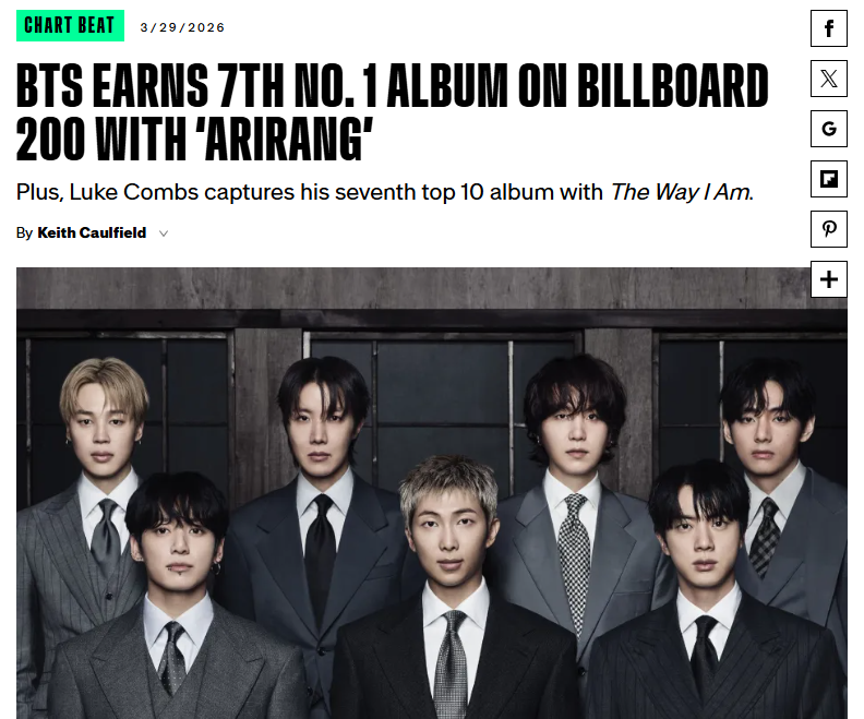 Billboard mengungkapkan melalui artikelnya pada tanggal 30 Maret 2026 bahwa album BTS berjudul ARIRANG menduduki peringkat teratas Billboard 200. (tangkapan layar laman Billboard)  