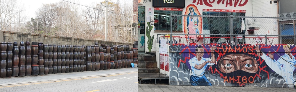  Foto sebelah kiri menggambarkan tumbukan tembikar tradisional Korea yang berada di pintu masuk Haebangchon dan foto sebelah kanan menunjukkan mural yang digambar di depan sebuah toko yang berada di dalam Haebangchon. (Lee Jeong Woo) 