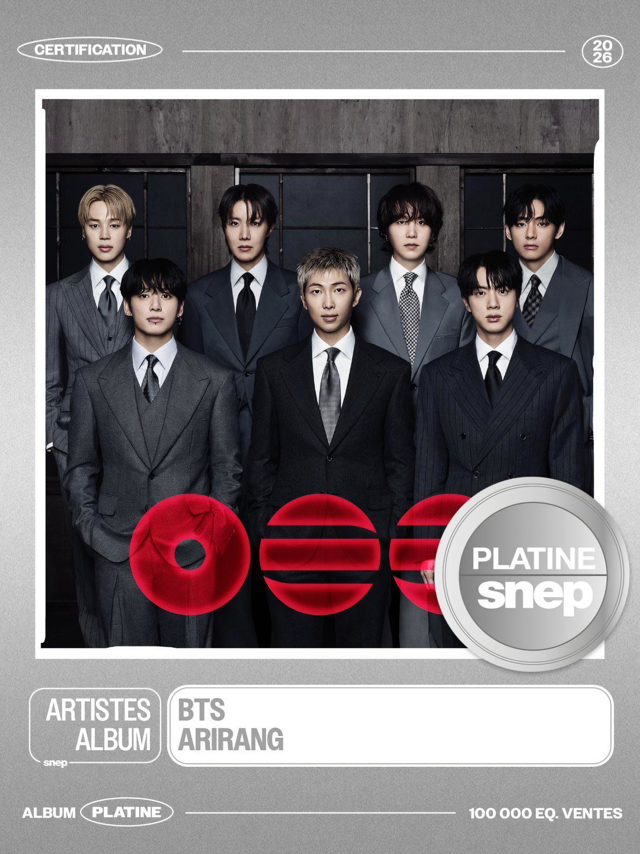 Album ARIRANG berhasil meraih sertifikasi platinum dari Serikat Industri Rekaman Prancis. (SNEP)  