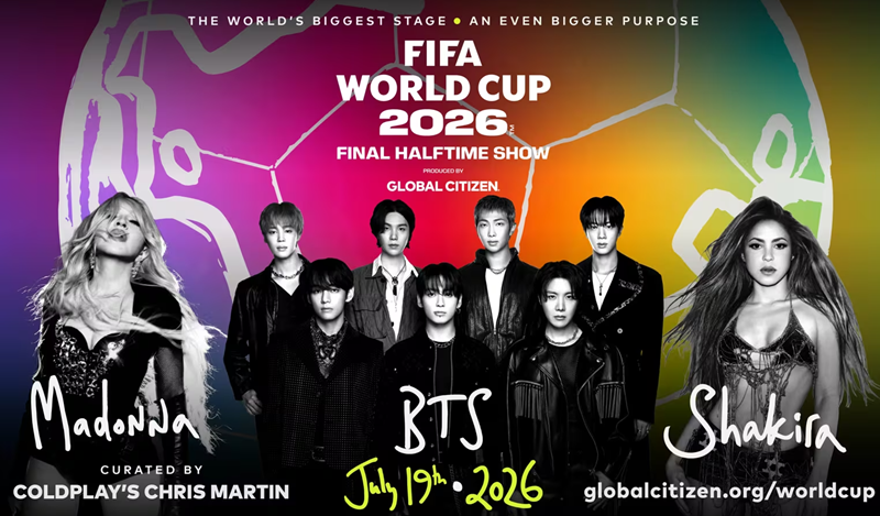 BTS, Madonna, dan Shakira akan tampil di Half Time Show babak final Piala Dunia FIFA 2026  yang akan digelar pada tanggal 19 Juli 2026 (waktu setempat) di Stadion New Jersey, New York Amerika Serikat. (FIFA)