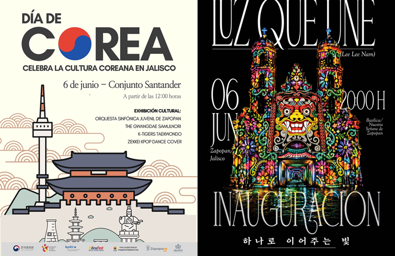 Poster acara Hari Korea (kiri) dan Menjadi Satu dengan Cahaya (kanan) yang akan digelar di Meksiko menjelang gelaran Piala Dunia FIFA 2026. (Kementerian Kebudayaan, Olahraga, dan Pariwisata) 