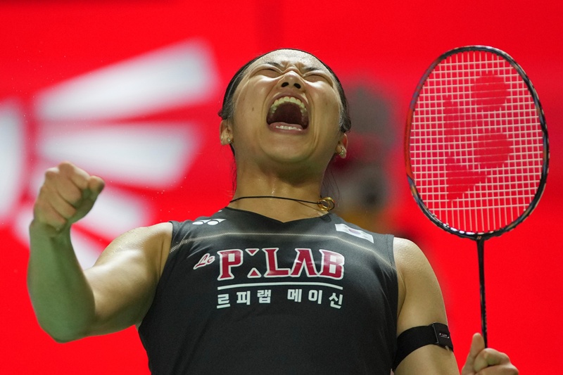 An Se Young bersorak setelah memastikan gelar juara pada final tunggal putri Indonesia Open yang digelar pada tanggal 7 Juni 2026 (waktu setempat) di Jakarta. (Yonhap News)