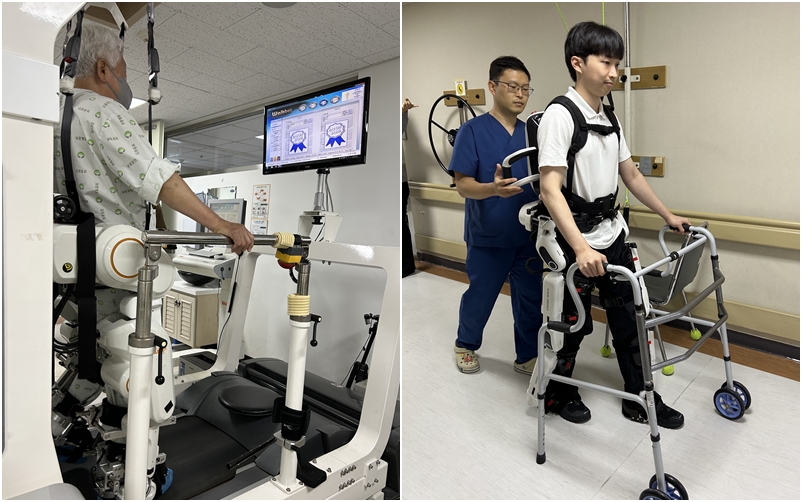 Potret penggunaan teknologi robot di Rumah Sakit Khusus Veteran yang menggunanan teknologi WalkBot (kiri) dam Angel Legs (kanan). Para pasien yang mengalami kerusakan otak bisa mendapatkan rehabilitasi secara bertahap untuk berjalan kembali dengan menggunakan WalkBot lalu Angel Legs. (Margareth Theresia)  