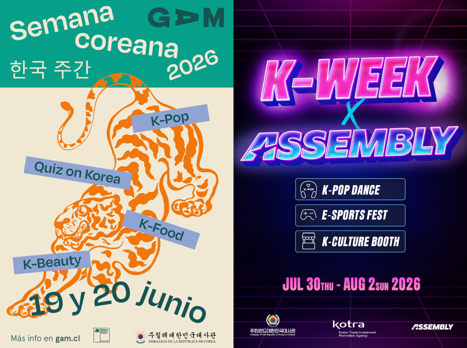 Poster Korea Week yang diselenggarakan oleh Kedutaan Besar Republik Korea di Chili (kiri) dan Kedutaan Besar Republik Korea di Finlandia. (Kementerian Luar Negeri)