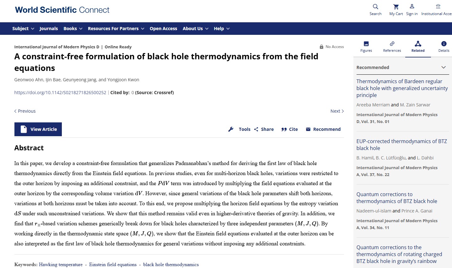 Hasil penelitian yang dilakukan siswa-siswa Sekolah Menengah Atas Sains Seoul bersama guru mereka telah dipublikasikan dalam jurnal ilmiah internasional di bidang fisika, International Journal of Modern Physics D. (Tangkapan layar laman resmi World Scientific Connect)