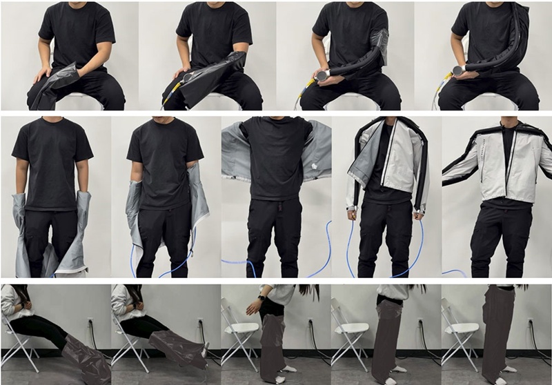 Proses pakaian terbentang dengan sendirinya berkat tekanan udara untuk membantu pengguna mengenakan pakaian. Dari atas ke bawah: lengan baju, jaket, dan celana. (KAIST)