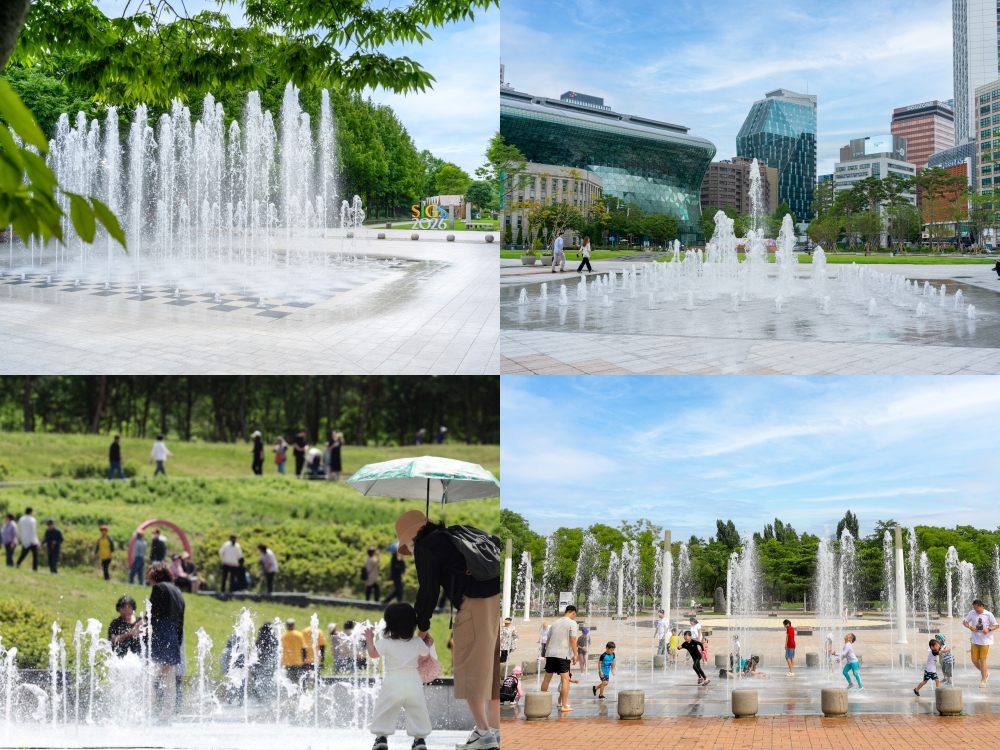 Panorama air mancur lantai di jantung Kota Seoul. Lokasi air mancur tersebut dari kiri atas searah jarum jam: Hutan Seoul di Seongdong-gu, Seoul Plaza di Jung-gu, World Cup Park di Mapo-gu, dan Buramsan Healing Park di Nowon-gu. 