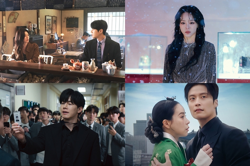 Poster konten Korea dari kiri atas searah jarum jam: Can This Love Be Translated?, The Art of Sarah, My Royal Nemesis, dan Teach You a Lesson. (Netflix Tudum)  