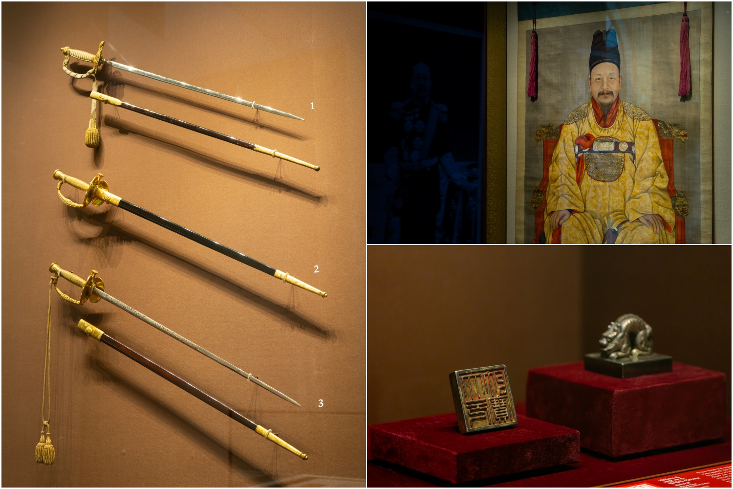(Dari kiri ke kanan, searah jarum jam) pedang seremonial untuk pakaian resmi bergaya Barat, potret Kaisar Gojong, dan eobo (segel kekaisaran) Kekaisaran Korea. (National Museum of Korea) 