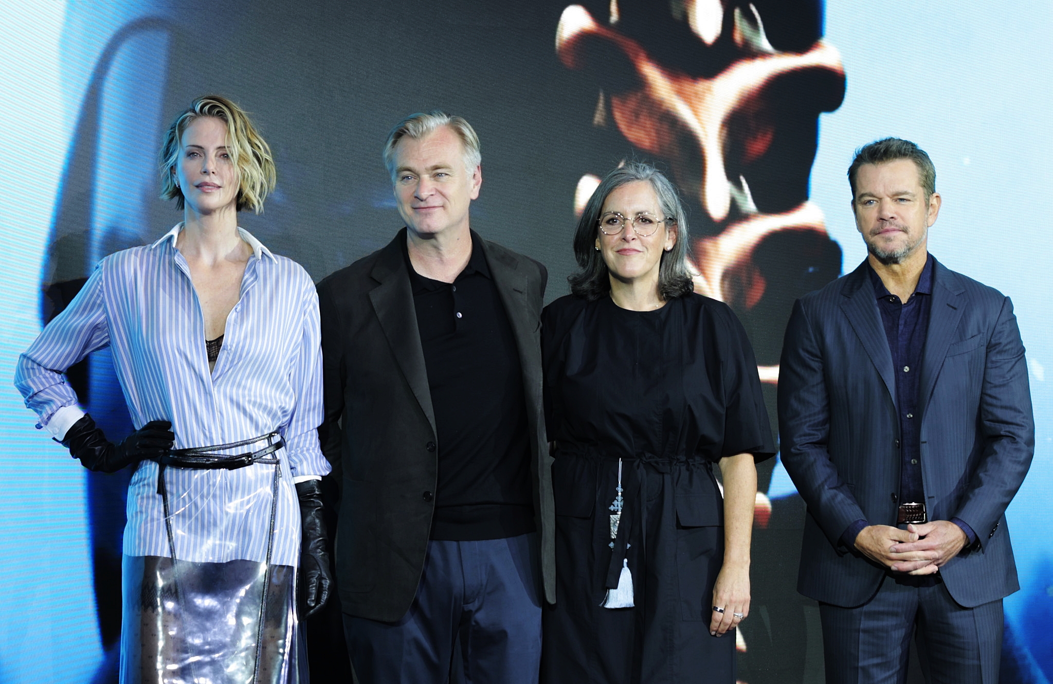 Charlize Theron, Christoper Nolan, Emma Thomas, dan Matt Damon berpose di hadapan wartawan dalam konferensi pers film The Odyssey yang digelar pada tanggal 3 Agustus 2026 di Four Seasons Hotel, Jongno-gu, Seoul. (Park Daejin) 