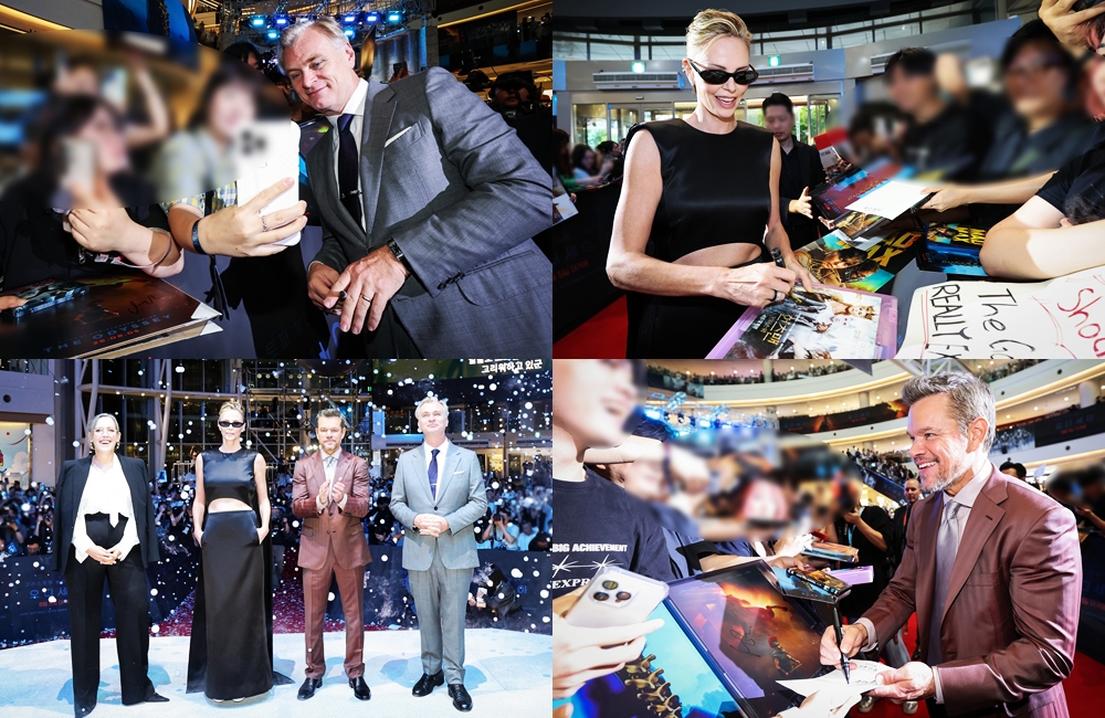Christoper Nolan, Charlize Theron, Matt Damon, dan Emma Thomas menyambut para penggemar dalam acara karpet merah film The Odyssey yang digelar pada tanggal 4 Agustus 2026 di Times Square, Yeongdeungpo-gu, Seoul. (Universal Pictures)  
