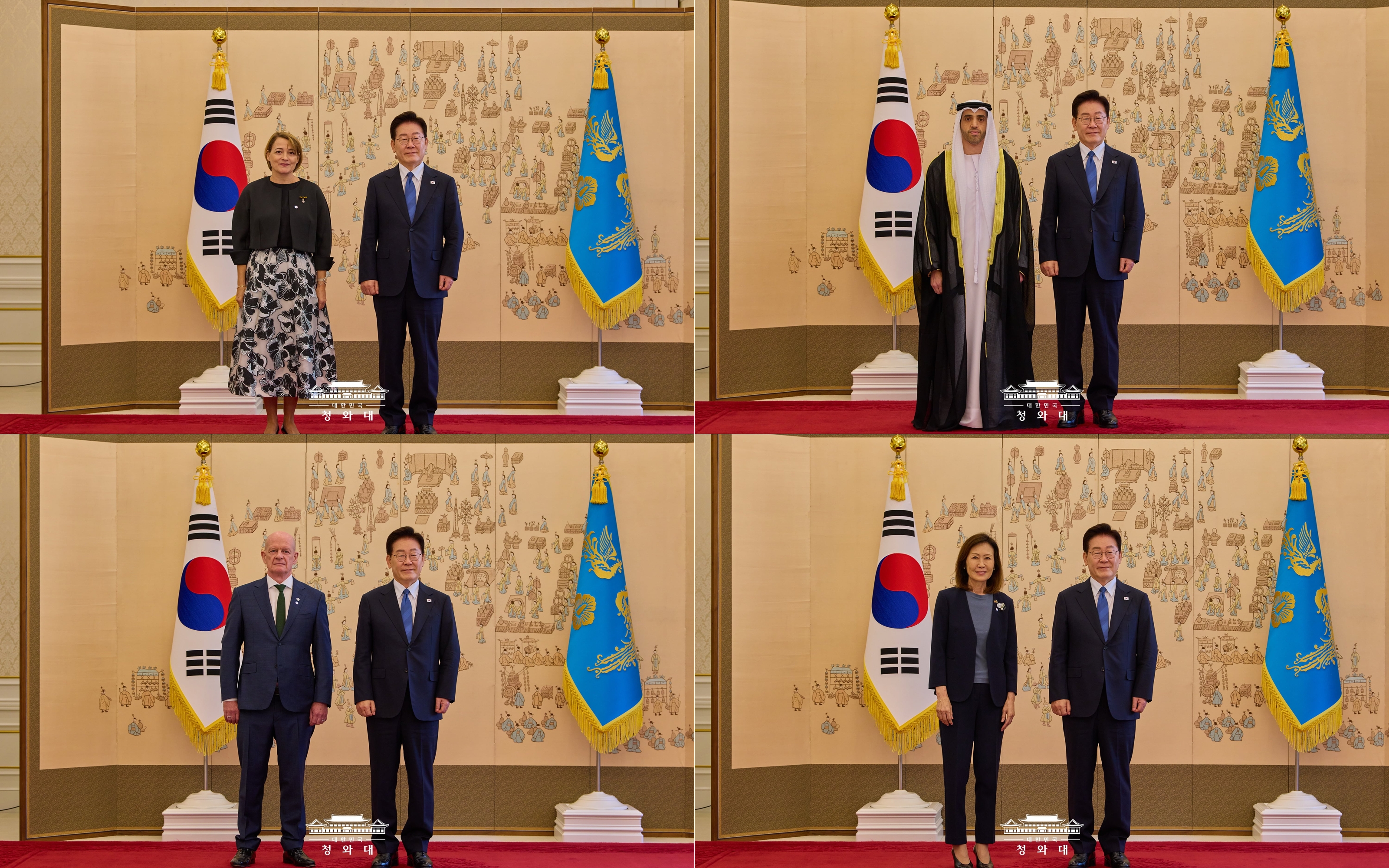 Presiden Lee Jae Myung telah menerima surat kepercayaan dari empat duta besar baru pada tanggal 12 Agustus 2026 di Cheong Wa Dae, Jongno-gu, Seoul. Dari kiri atas searah jarum jam: Duta Besar Portugal, Vanda Maria Dias Stelzer Sequeira; Duta Besar UAE, Jamal Abdulla Mohamed Bin Abdulwahab Al Suwaidi; Duta Besar Amerika Serikat, Michelle Steel; dan Duta Besar Irlandia, Sean Hoy. (Cheong Wa Dae)