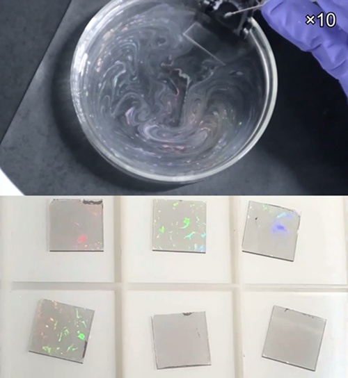 Foto atas: proses partikel berukuran ratusan nanometer menyusun diri di permukaan air hingga membentuk pola nano. Foto bawah: sejumlah sampel pola nano dengan susunan yang berbeda-beda.  