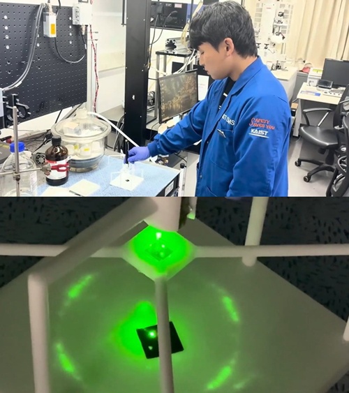 Foto atas: pemeriksaan pola difraksi pada sidik jari nano menggunakan laser hijau. Foto bawah: pola difraksi khas yang muncul ketika struktur tersebut disinari laser hijau. 