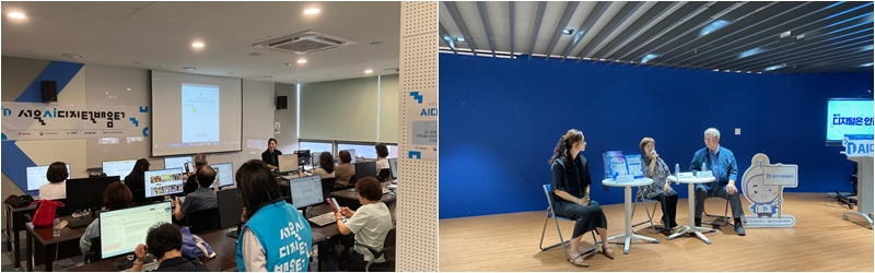 Suasana kelas Pembuatan Video AI Generatif dengan Ponsel Pintar. Foto kanan menunjukkan instruktur Lee Eun Hwa bersama peserta lanjut usia Yoon Bok-soon dan Seo Jonghyun.saat memberikan wawancara kepada wartawan.