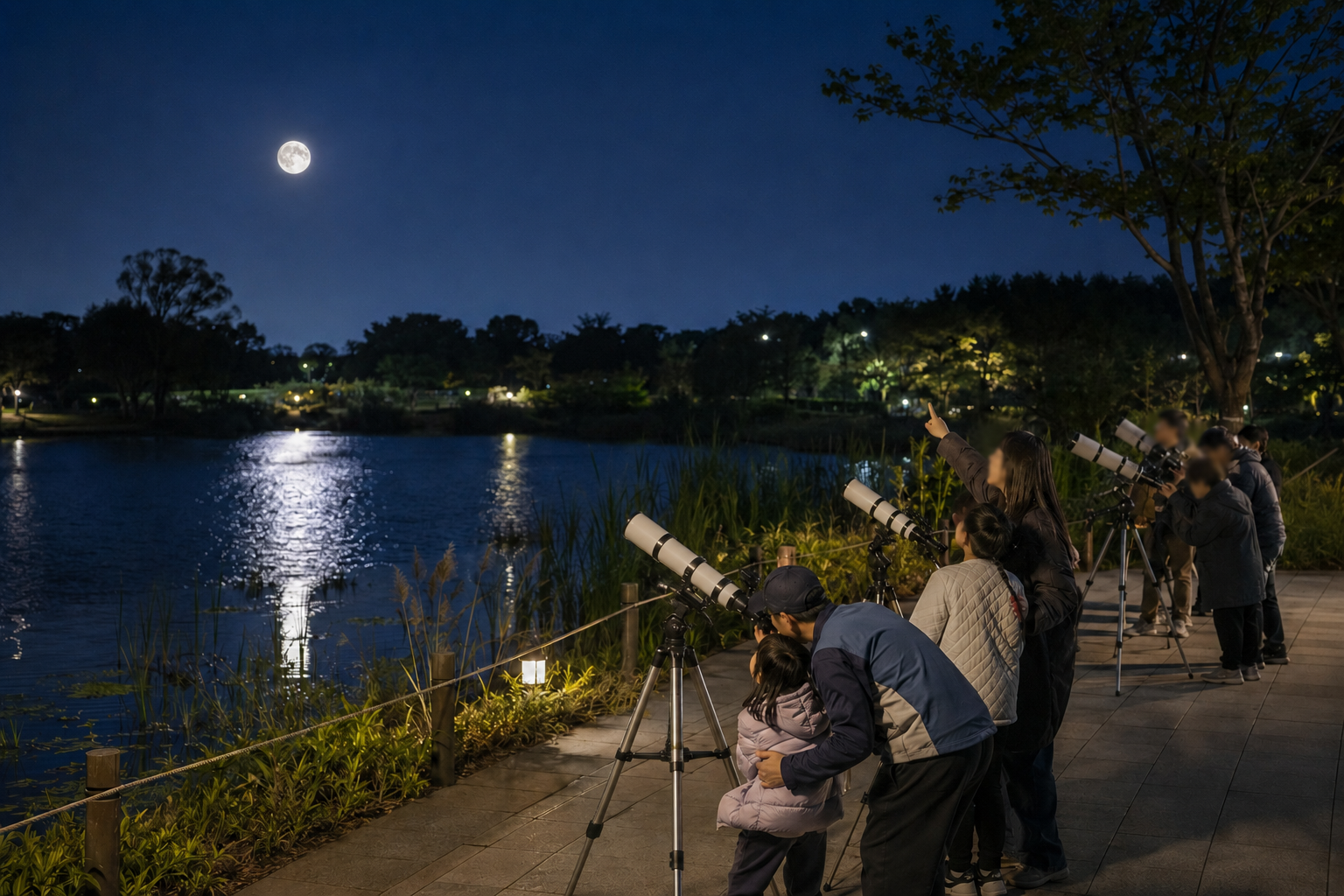 Warga mengamati bulan purnama melalui teleskop astronomi dalam program Bulan Purnama di Kolam Nanji yang digelar di Taman Piala Dunia,  Mapo-gu, Seoul. (Pemerintah Kota Seoul)  
