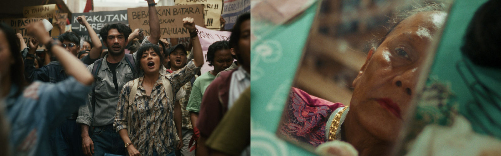 Potongan adegan dalam film Laut Bercerita karya Yosep Anggi Noen (kiri) dan IBUKU karya Eddie Cahyono (kanan).  