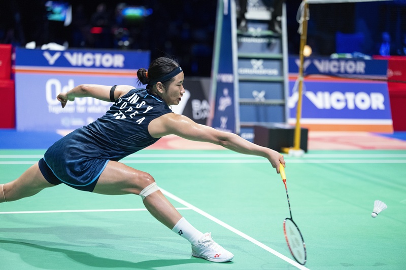 An Se Young bertanding melawan Akane Yamaguchi dari Jepang dalam pertandingan final tunggal putri Denmark Open, turnamen BWF World Tour Super 750, yang digelar di Odense, Denmark, pada tanggal 18 Oktober 2026 (waktu setempat). (Yonhap News)