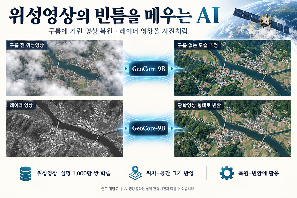 Ilustrasi konsep pemulihan dan konversi citra satelit menggunakan model fondasi GeoCore-9B yang dikembangkan tim peneliti KAIST.