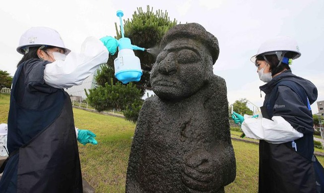 Jeju Dol Hareubang Dibersihkan